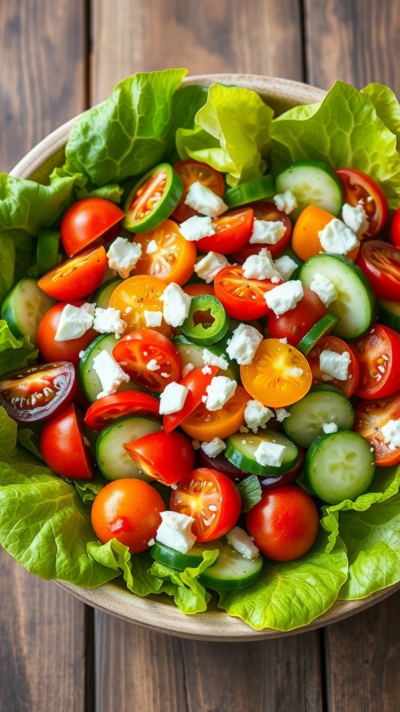 A fresh garden salad with Butter lettuce, tomatoes, cucumbers, and bell peppers, topped with feta cheese and balsamic dressing.